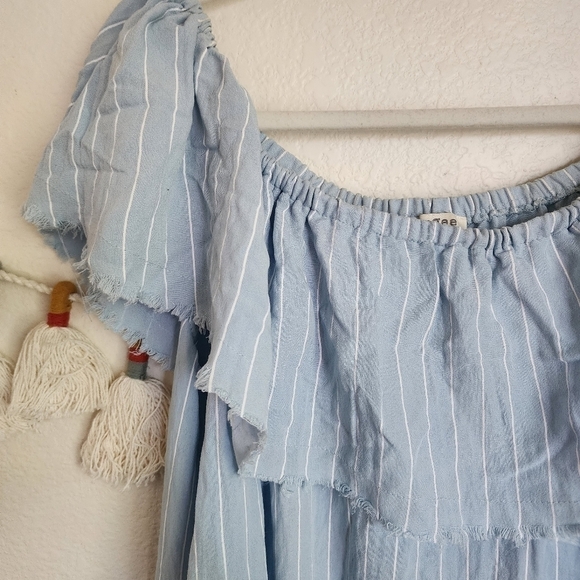 Umgee Power Blue Pinstripe Frayed Ruffle Dress Mino Boho Chic Nautical M - Picture 5 of 11